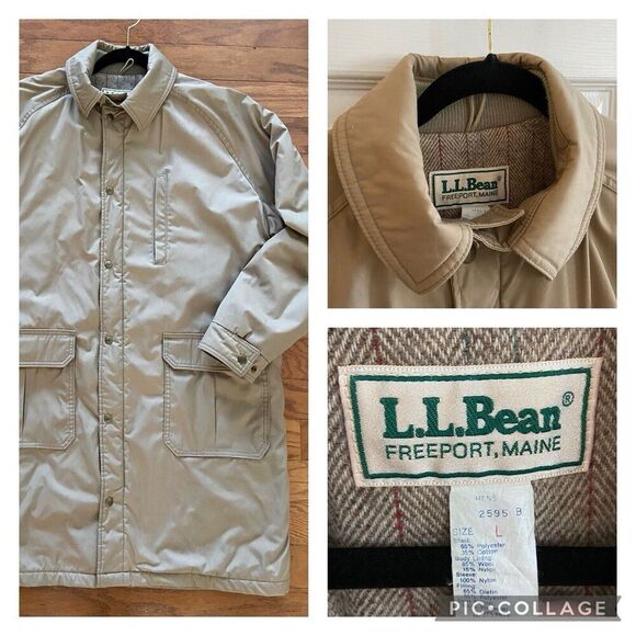 L.L.Bean Coat Mens Large Tan Nylon Parka Wool Lined Snap Front Herringbone Liner - Picture 1 of 16